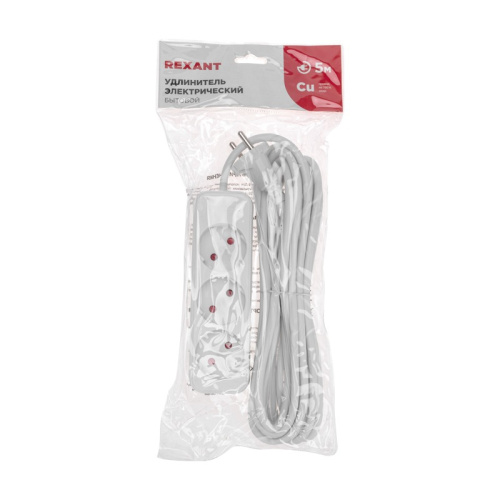 картинка Удлинитель STANDARD 3 гнезда,  5м,  2х1,0мм²,  б/з,  белый REXANT от магазина Сантехстрой