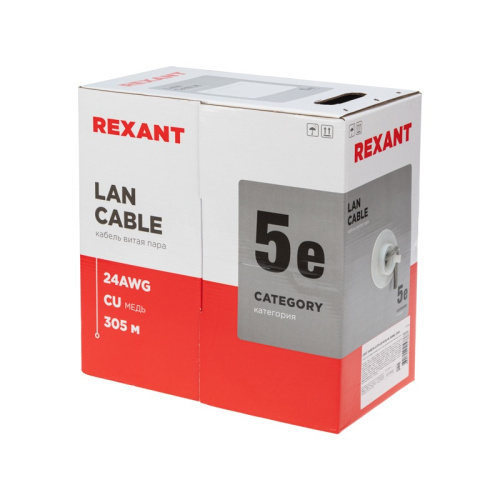 картинка Кабель витая пара U/UTP,  CAT 5e,  ZH нг(А)-HF,  4PR,  24AWG, INDOOR, SOLID,  серый,  305 м,  REXANT LIGHT от магазина Сантехстрой
