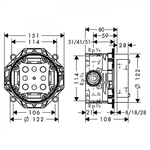 картинка HG ibox universal Универсальная скрытая часть &frac12;&rsquo; / &frac34;, подходит для всех готовых наборов для душа, ванны и для термостата (АКЦИЯ со склада!) от магазина Сантехстрой