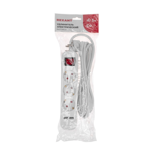 картинка Удлинитель STANDARD 3 гнезда,  3м,  3х1,0мм²,  с/з,  с выключателем,  2 USB,  белый REXANT от магазина Сантехстрой