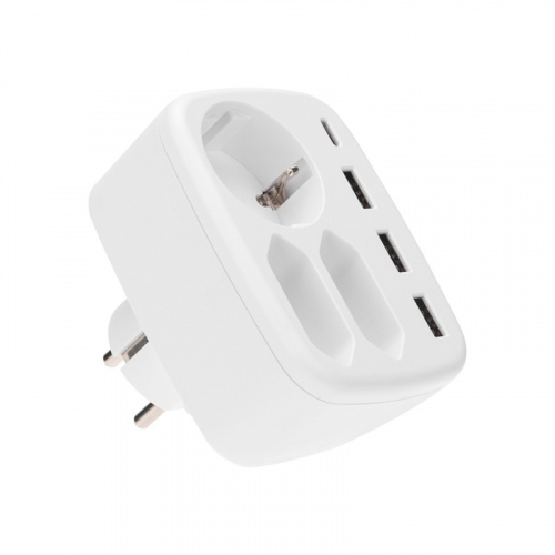 картинка Тройник электрический 16А + 2х2,5А с заземлением + 3хUSB-A 2,4А + USB Type-C 3А,  белый REXANT от магазина Сантехстрой