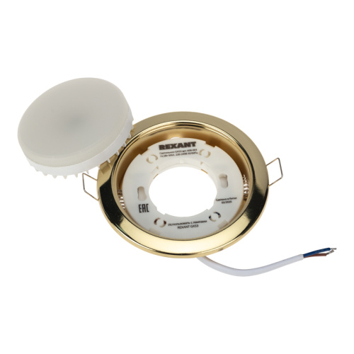 картинка Комплект лампы и светильника GX53 «ЯРКИЙ ТЕПЛЫЙ ЗОЛОТОЙ» лампа 15,5 Вт теплого белого цвета свечения 2700 K и светильник под лампу GX53 золотистого цвета (604-067+608-003) REXANT от магазина Сантехстрой