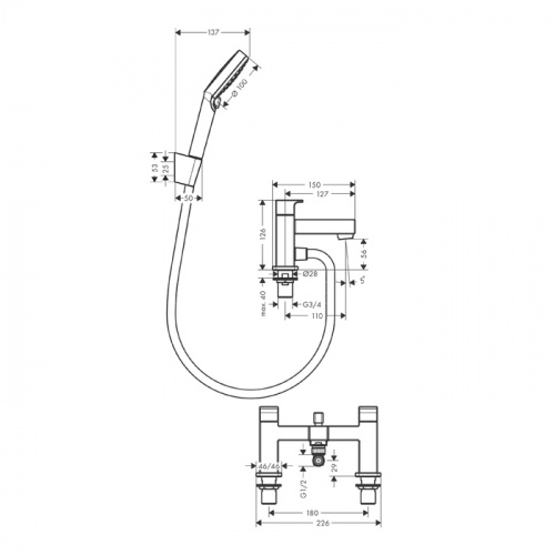 фото hg vernis shape смеситель на борт ванны, на 2 отверстия, и ручной душ vernis blend vario, цвет: хром