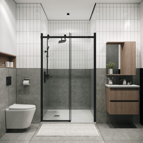 картинка Дверь в нишу Grossman Classic 100.K33.04.110.21.00 (110х195) черный матовый,стекло прозрачное,раздвижная, 1 место от магазина Сантехстрой