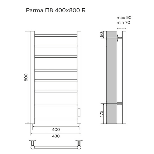 картинка Полотенцесушитель электрический AZARIO PARMA 400/800 8 секций, диммер справа, белый (AZ10848W) от магазина Сантехстрой