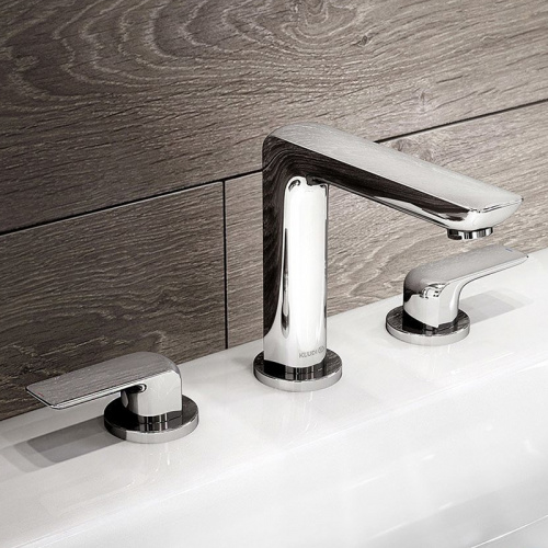 картинка Смеситель для раковины Kludi Ameo двухвентильный, с донным клапаном, на 3 отверстия, хром (413930575) от магазина Сантехстрой