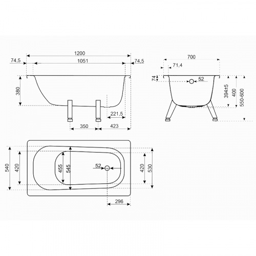 картинка Ванна стальная ВИЗ RIANTO 120х70х40 пристенная, с опорной подставкой, с рантом (RV-120) от магазина Сантехстрой