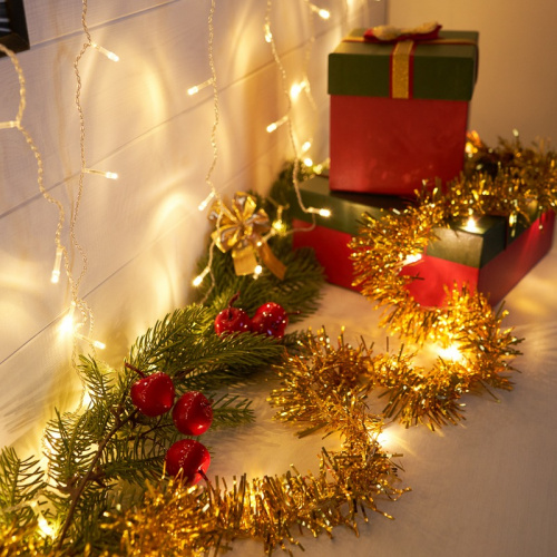 картинка Гирлянда светодиодная Мишура золотая 10 LED,  1,5 м,  прозрачный ПВХ,  теплое белое свечение,  2 х АА (батарейки не в комплекте) NEON-NIGHT от магазина Сантехстрой