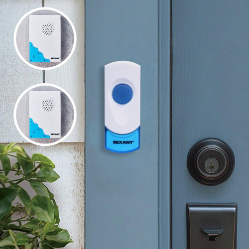 картинка Беспроводной дверной звонок с двумя вызывными панелями 32 мелодии 100м кнопка IP44 (белый/синий) REXANT RX-5 от магазина Сантехстрой