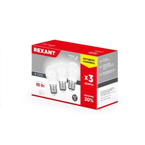 картинка Лампа светодиодная REXANT Шарик (GL) 11.5 Вт E27 1093 Лм 6500 K холодный свет (3 шт. /уп. ) от магазина Сантехстрой