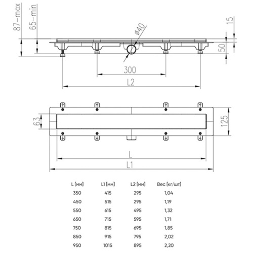 картинка Душевой лоток AZARIO D40 Klasik 950 мм, боковой слив, пластиковый, с черной решеткой (AZ-CH 950 KC) от магазина Сантехстрой