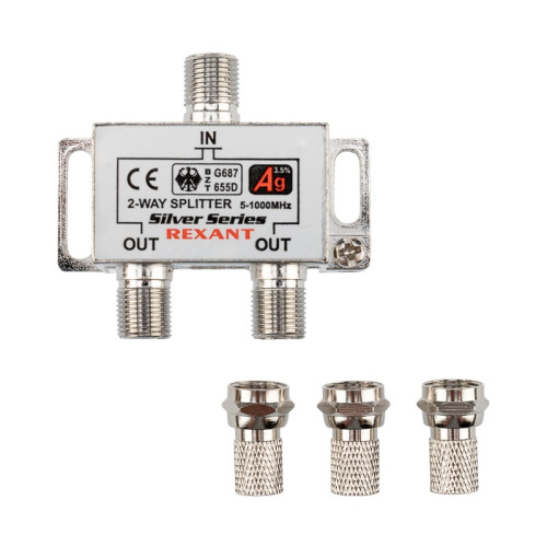 картинка Делитель ТВ х 2 + 3шт.  F BOX 5-1000МГц Silver REXANT от магазина Сантехстрой