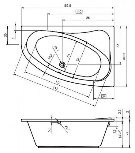 картинка Акриловая ванна Riho Lyra 153x100 B022001005 (BA6800500000000) L без гидромассажа от магазина Сантехстрой