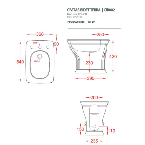 картинка Artceram CIVITAS  Биде напольное  36х54 см, с 1 отв под смес, цвет белый (крепится на силикон) от магазина Сантехстрой