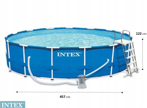 картинка Каркасный бассейн Metal Frame 457х122см, 16805л, фил.-насос 3785л/ч, лестница, тент, подстилка, Intex, 28242 от магазина Сантехстрой