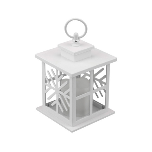 картинка Декоративный фонарь со свечкой,  белый корпус со снежинкой,  размер 12х12х18 см,  цвет теплый белый от магазина Сантехстрой