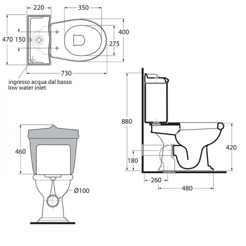 картинка AZZURRA JUBILAEUM унитаз моноблок 75*40см слив в стену, цвет белый с креплением к полу от магазина Сантехстрой
