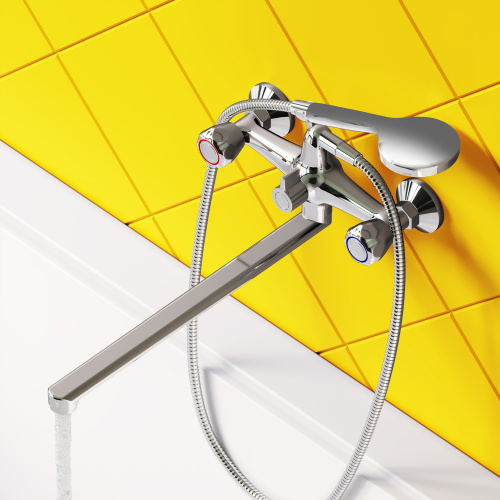 фото d7095000 modern двухзахватный смеситель для ванны и душа с универсальным изливом и душевым набором