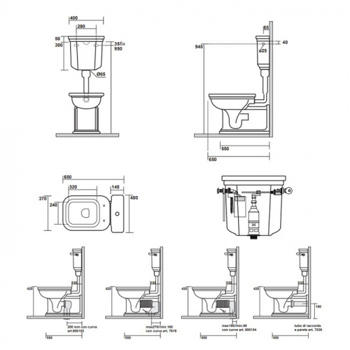 картинка Kerasan Waldorf Бачок для унитаза, с боковым отверстием для ручки механизма, для монтажа с низкой трубой (без трубы и механизма слива), цвет белый от магазина Сантехстрой