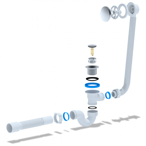 картинка Слив-перелив для ванны АНИ Пласт автомат трубный клик-клак 1 1/2"х40 с гофрой 40/50 с сеткой (EC155S) от магазина Сантехстрой