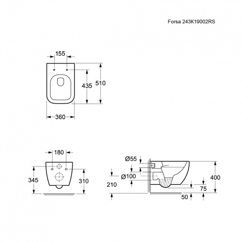 картинка Унитаз Forsa 243K19002RS (510*360*350) подвесной БЕЗОБОДКОВЫЙ, 2 места от магазина Сантехстрой