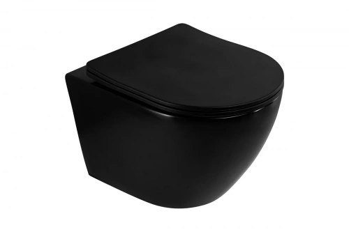 картинка Подвесной безободковый унитаз Art&Max OVALE с сиденьем в комплекте, чёрный матовый AM011CHR-MB/SC от магазина Сантехстрой