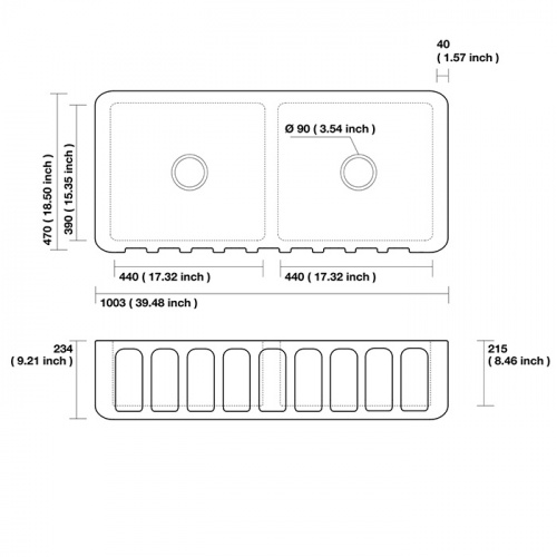 картинка KERASAN Hanna Glasse SURREY Раковина керамическая кухонная 1003x470x230 мм,без отв под смеситель, без сифона, толщина 40 мм, цвет белый от магазина Сантехстрой