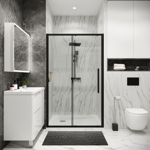 картинка Дверь в нишу 100.K33.02.120.21.00 Cosmo (120*195) черный матовый, стекло прозрачное, 1 место от магазина Сантехстрой