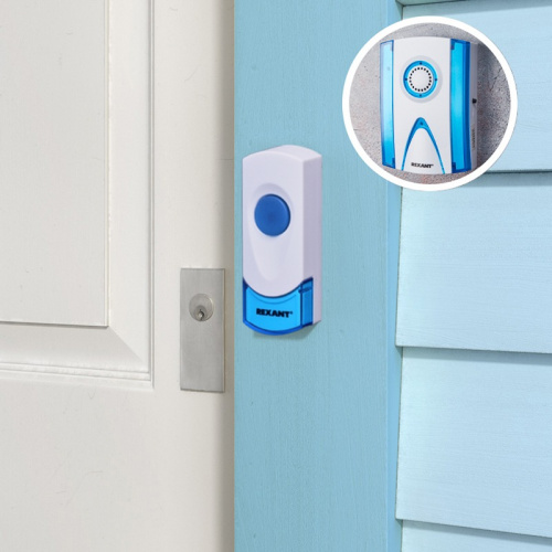 картинка Беспроводной дверной звонок 32 мелодии 100м кнопка IP44 (белый/синий) REXANT RX-3 от магазина Сантехстрой