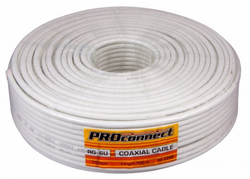 картинка Кабель коаксиальный RG-6U,  75Ом, Cu/Al/Cu,  48%,  100м, INDOOR,  белый PROconnect от магазина Сантехстрой