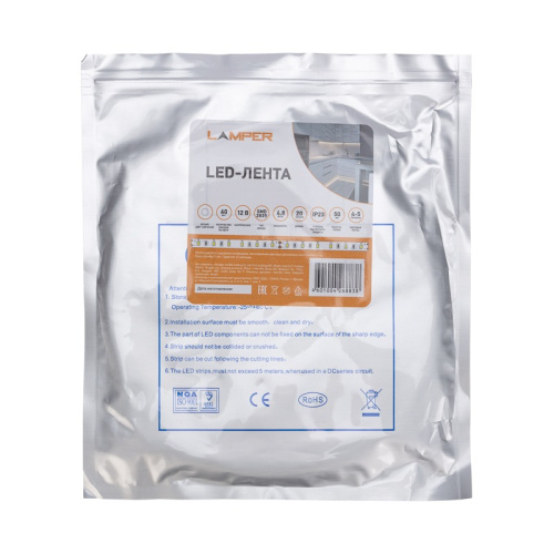 картинка Лента светодиодная 12В,  SMD2835, 4,8Вт/м,  60 LED/м,  6500К,  8мм,  20м,  для БП с клеммами,  IP20 LAMPER от магазина Сантехстрой