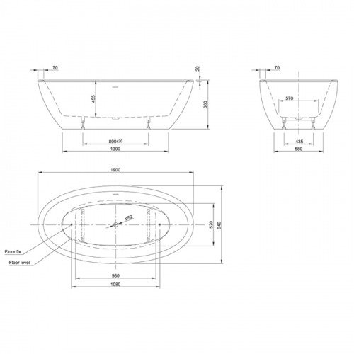 картинка KNIEF Loom Ванна отдельностоящая 190*95*60см с щелевым переливом , c компл. крепл. к полу, цвет: белый (продавать со сливом 0100-091-06) от магазина Сантехстрой