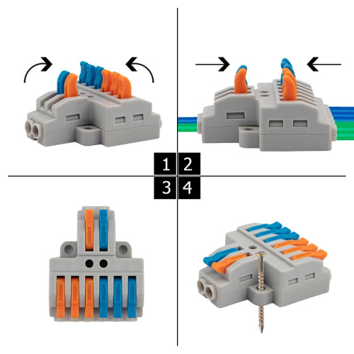 картинка Клемма СМК 2х3 проходная разветвительная 2 полюса,  с монтажной площадкой (1 ввод,  3 вывода на полюс) (50 шт. /уп. ) REXANT от магазина Сантехстрой