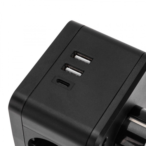 картинка Двойник электрический Куб 16А с заземлением + 2хUSB-A 2,4А + USB Type-C 3А с ночной подсветкой,  черный REXANT от магазина Сантехстрой