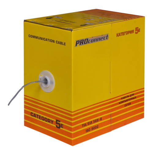 картинка Кабель витая пара U/UTP,  CAT 5e, PVC,  4PR,  24AWG, INDOOR, SOLID,  серый,  305 м,  PROconnect от магазина Сантехстрой