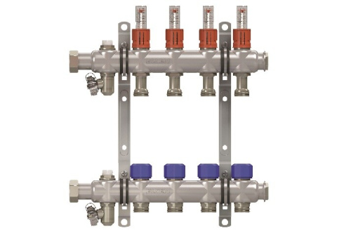 картинка Коллекторная группа, 1", 3 контура, размер отвода-3/4", с вентилями и расходомерами, нержавеющая сталь от магазина Сантехстрой