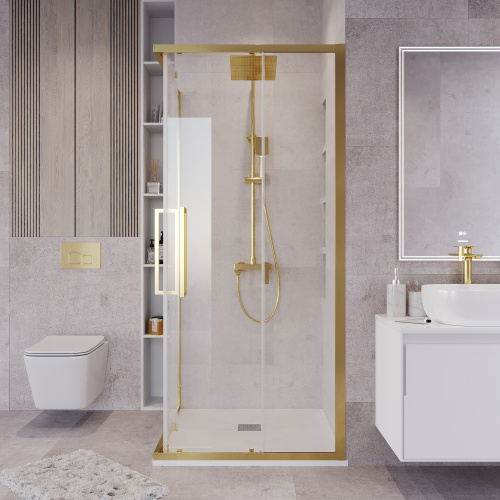 картинка Душевое ограждение Grossman Cosmo 300.K33.02.9090.32.00 (90х90х195) квадрат,раздвижная,золото сатин,стекло прозрачное, 1 место от магазина Сантехстрой