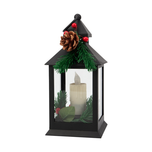 картинка Декоративный фонарь со свечкой и шишкой,  черный корпус,  размер 10,7x10,7x23,5 см,  цвет теплый белый от магазина Сантехстрой