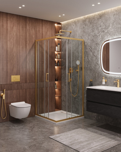 картинка Душевой уголок Cezares Molveno 100x100 MOLVENO-A-2-100-C-BORO-IV профиль Брашированное золото стекло прозрачное от магазина Сантехстрой