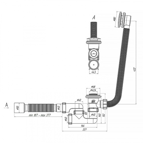 картинка Слив-перелив АНИ Пласт для ванны, автомат, регулируемый клик-клак 1 1/2"х40 с гофрой 40/50 с сеткой (EC255S) от магазина Сантехстрой