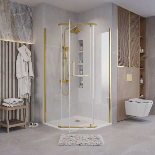 картинка Душ.ограждение 302.K33.03.9090.32.00 Pragma (90*90*195) трапеция,распашн,золото сатин,стекло прозрач от магазина Сантехстрой