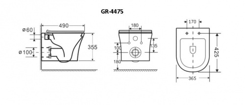 картинка Унитаз Style GR-4475S (490*365*355) подвесной БЕЗОБОДКОВЫЙ с тонкой крышкой, 1 место от магазина Сантехстрой