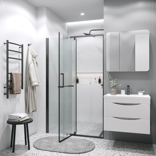 картинка Дверь в нишу 100.K33.03.120.21.02 Pragma (120*195) черный матовый, стекло шиншилла, 1 место от магазина Сантехстрой