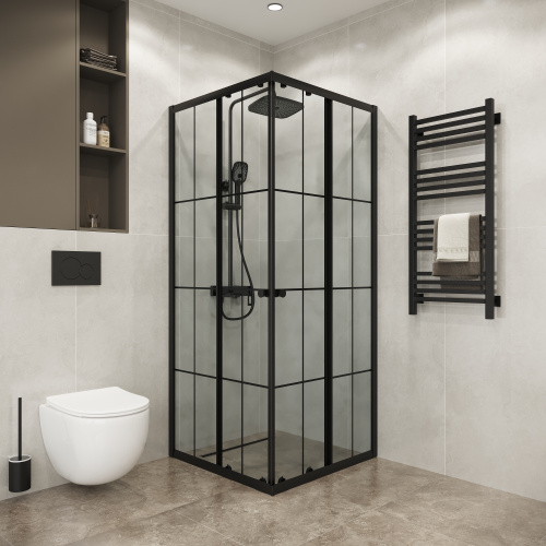 картинка Душевое ограждение Niagara Eco NG-1009-14QKL (90х90х190) квадрат,раздвижное,черный,стекло клетка,1 место от магазина Сантехстрой