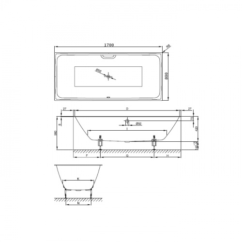 картинка BETTE Loft  Ванна  с шумоизоляцией 1700х800х420 мм, цвет белый (для удлиненного слив-перелива) от магазина Сантехстрой