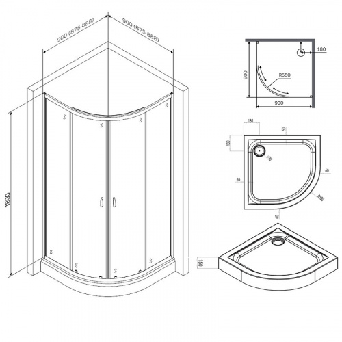 картинка W88E-205-090MT64 X-Joy Twin Slide,  Душевое ограждение c поддоном, 90x90, профиль мат хром от магазина Сантехстрой