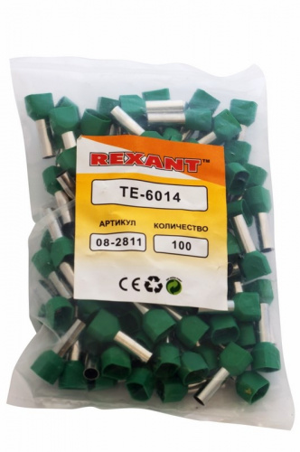 картинка Наконечник штыревой втулочный изолированный F-14 мм 2х6 мм² (НШВи(2) 6.0-14/НГи2 6,0-14) зеленый REXANT от магазина Сантехстрой