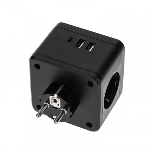 картинка Двойник электрический Куб 16А с заземлением + 2хUSB-A 2,4А + USB Type-C 3А с ночной подсветкой,  черный REXANT от магазина Сантехстрой
