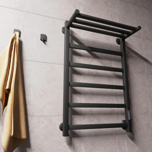 картинка Полотенцесушитель электрический ВИД 81-10 ПРОФИЛЬНЫЙ с полкой 800х500 правый, скр.монтаж, СНШ, черный матовый(RAL 9005), (Ferrum, равномерные перкаладины), Маргроид от магазина Сантехстрой