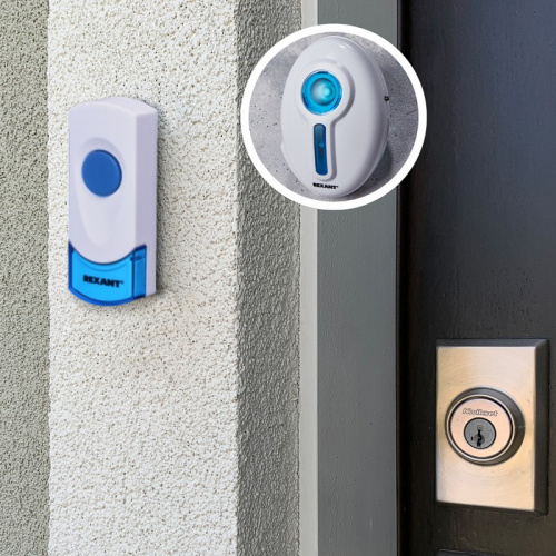 картинка Беспроводной дверной звонок в розетку 38 мелодии 100м кнопка IP44 (белый/синий) REXANT RX-6 от магазина Сантехстрой